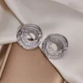 Closeup of textured metal hoop earrings, unique half-striped half-hammered design in silver. - Round Texture Style (1139) / Silver