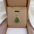 Grüne Jade Buddha Anhänger Halskette mit goldfarbener Kette, elegante traditionelle Variante Damen. - Maitreya Buddha Stil (X0035)