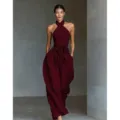 Burgundy linen halter wide leg jumpsuit, stylish women cross strap elegant party apparel - XS / Burgundy