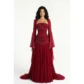 Elegant strapless burgundy evening gown with corset boning, beads, and sheer sleeves. - S / Red