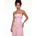Pink strapless sweetheart corset evening gown with pearl embroidery, slim fit long dress. - Pink