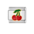 Stainless steel Italian charm link with cute cherry design, perfect for DIY bracelet making. - Red and Green Cherry Pattern Style (HA-103)