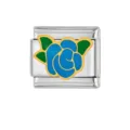Stainless steel Italian modular charm bracelet link featuring a blue rose enamel design. - Blue Rose (HA-111)