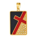 Detailed view of gold-tone stainless steel cross pendant featuring red and black enamel with rhinestones. - Cross Tag Pendant (HD-95)