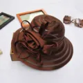 Brown organza women's fascinator hat with elegant satin bow floral decor for summer beach party. - M (56-58cm) / Coffee