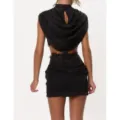 Black chic high neck lace trim slim fit corset ruched mini dress two piece set fashion - S / Top And Bottom / Black