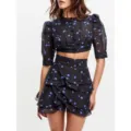 Σοφιστικέ φλοράλ σετ με crop top με φουσκωτά μανίκια και βολάν μίνι φούστα γυναικεία. - S / Πάνω και Κάτω Μέρος / Μαύρο