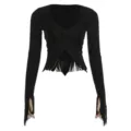 Top court noir à manches longues avec col en V profond et franges tendance pour femmes. - S / Noir