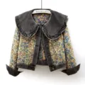 Damen Jeansjacke mit Blumen-Jacquard, Rüschen-Puppenkragen, kurze lange Ärmel Oberteil. - S / Schwarz