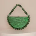 Green marbled acrylic semi-circular clutch bag with statement beaded handle for women party - Dark Green