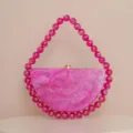 Pink acrylic marble clutch bag with beaded handle elegant evening party handbag for women - Rose Red