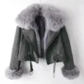 Damen kurze Jeansjacke Kunstfell Kragen herausnehmbares Futter Winter warme Oberbekleidung - S / Grau