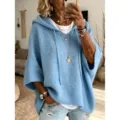 Casual loose hooded knitted sweater for women, solid color short sleeve pullover top. - Sky Blue