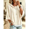 Casual loose hooded knit sweater for women, solid color short sleeve pullover top for daily wear. - Off White