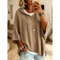 Casual hooded knit sweater women short sleeve solid color pullover sweater loose outerwear top - Khaki