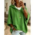 Green short sleeve hooded knitted sweater, casual solid color pullover top for women. - Green