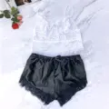 White lace camisole and black satin shorts detail, elegant sleepwear two-piece set - S / 5000 White - 5001 Black