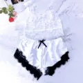 Women sexy two-piece lingerie set white lace camisole and satin shorts with black bow trim. - S / 5000 White - 5001 White