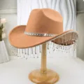 Brown felt western cowboy hat featuring sparkling rhinestone bands and elegant design - M (56-58cm) / Style 19 Rhinestone Fringe Hat in Khaki