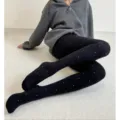 Thickened fleece-lined black polka dot tights for women, winter thermal jacquard leggings. - Black