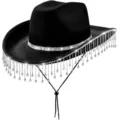 Black western cowboy hat with sparkling rhinestone fringe and adjustable chin cord for party. - M (56-58cm) / Style 2 Black