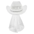 White bridal western cowboy hat with pearls and rhinestones BRIDE lettering and veil for party - M (56-58cm) / Style 3 White