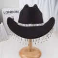 Black western cowboy hat with sparkling rhinestone fringe and glittering band for party festival - M (56-58cm) / Style 19 Rhinestone Fringe Hat in Black