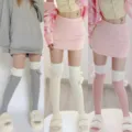 Cozy plush thigh-high socks for women, winter warm sweet style fleece spliced long stockings. - Without Pom Pom / Creamy White