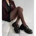 Brown herringbone knit tights paired with dark brown chunky platform loafers for women. - One Size / Light Brown