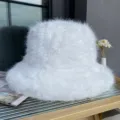 Autumn winter white fluffy bucket hat plush warm thick faux fur cap women fashion leisure - M (56-58cm) / White