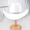 Elegant white felt western cowboy hat featuring sparkling rhinestone fringe and party band. - M (56-58cm) / Style 19 Rhinestone Fringe Hat in White
