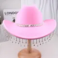 Pink felt western cowboy hat with rhinestone fringe and dazzling diamond band for party wear. - M (56-58cm) / Style 19 Rhinestone Fringe Hat in Pink