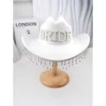 White felt western cowgirl hat with BRIDE pearl rhinestone letters and shiny tassel brim. - M (56-58cm) / Style 20 "BRIDE" Fringe Hat in White