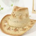 Brown straw cowboy hat with pearls and shells, stylish tassel jazz hat for women parties. - M (56-58cm) / Hollow-Out Hard Top Straw Shell Cowboy Hat