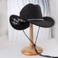 Black western cowboy hat with sparkling rhinestone stars and shiny rhinestone band trim. - M (56-58cm) / Style 6 Hat with Pentagram and Rhinestones and Windproof Strap
