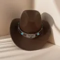 Brown felt western cowboy hat with metal bull buckle and turquoise stone decorative belt. - M (56-58cm) / Style 6 Bull Head Coffee Brown