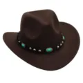 Dark brown felt cowboy hat with turquoise stone and silver rivet leather band for party. - M (56-58cm) / Style 6 Coffee Brown Hat with Turquoise and Rivets