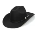 Classic black felt western cowboy hat with brown leather band and stylish silver metal buckle. - M (56-58cm) / Black