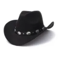 Black felt western cowboy hat with metal studded leather band jazz cap fashion retro hat. - M (56-58cm) / Black
