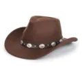 Brown felt western cowboy hat with metal conchos and leather band for men and women - M (56-58cm) / Style 7 Coffee Brown