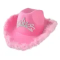Pink cowgirl hat with rhinestone tiara and feather trim for party festival event - M (56-58cm) / Style 12 Pink Crown