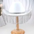 White rhinestone fringe western cowboy hat sparkling crystal tassel jazz hat for party wedding - M (56-58cm) / Style 21 White Tassel