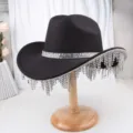 Black rhinestone fringe cowboy hat jazz hat with sparkly crystal band for party festival. - M (56-58cm) / Style 24 Black Tassel
