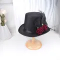 Black vintage mini top hat with black feathers, burgundy roses and mesh veil fascinator. - M (56-58cm) / Rose Lace Top Hat