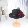 Black wool felt fedora hat with dark red roses feathers and net veil for women party wedding - M (56-58cm) / Rose Lace Flat Top Hat