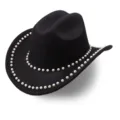 Black felt western cowboy hat featuring elegant faux pearl decoration along the brim. - M (56-58cm) / Pearl Style 2
