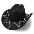 Black felt western cowboy hat with elegant pearl beaded star pattern brim for parties. - M (56-58cm) / Pearl Style 3