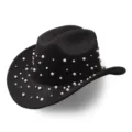 Black wool felt western cowboy hat decorated with white pearls and beads for party, jazz style. - M (56-58cm) / Pearl Style 4