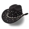 Black felt western cowboy hat with elegant white pearl embellishments for parties and weddings. - M (56-58cm) / Pearl Style 5