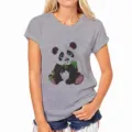 Vrouwen grijs cartoon panda print ronde hals korte mouw t-shirt top comfortabel - S / Grijs